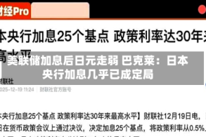 美联储加息后日元走弱 巴克莱：日本央行加息几乎已成定局