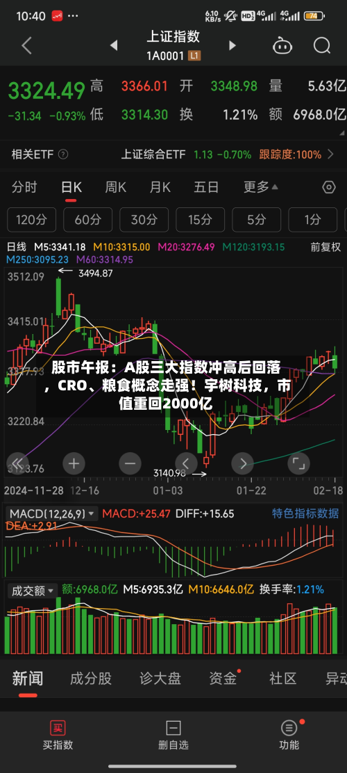 股市午报：A股三大指数冲高后回落，CRO	、粮食概念走强！宇树科技，市值重回2000亿-第1张图片
