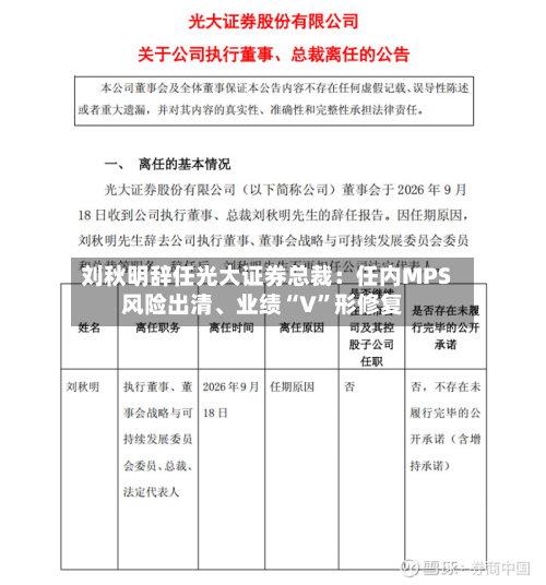 刘秋明辞任光大证券总裁：任内MPS风险出清、业绩“V”形修复-第3张图片